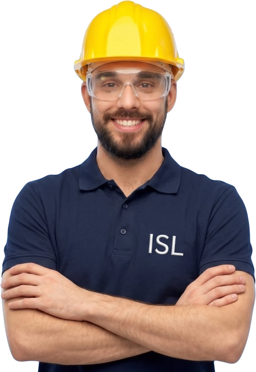Technicien ISL — isolation intérieure Boulogne-Billancourt Technicien ISL en polo marine et casque, prêt pour vos travaux d'isolation à Boulogne-Billancourt